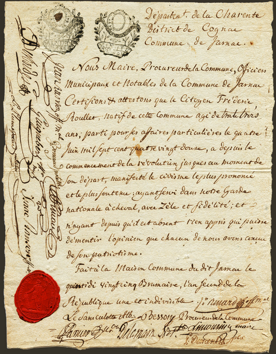 Paul Frédéric Roullet had good relations with the revolutionary power. The certificate of participation in the revolutionary Horse Guards
