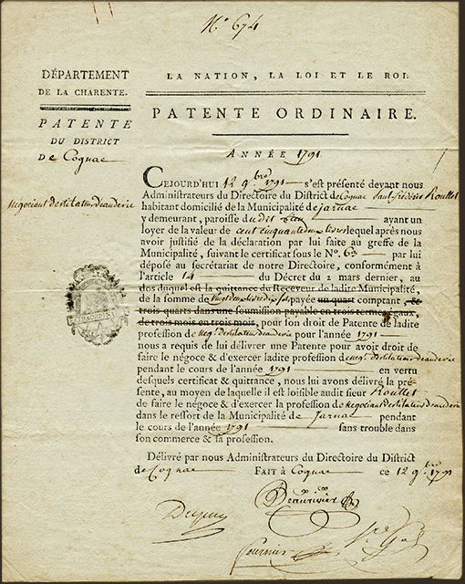 Patentе Ordinaire de négociant distillateur d'eau-de-vie délivrée par le Directoire du District de Cognac, 1791